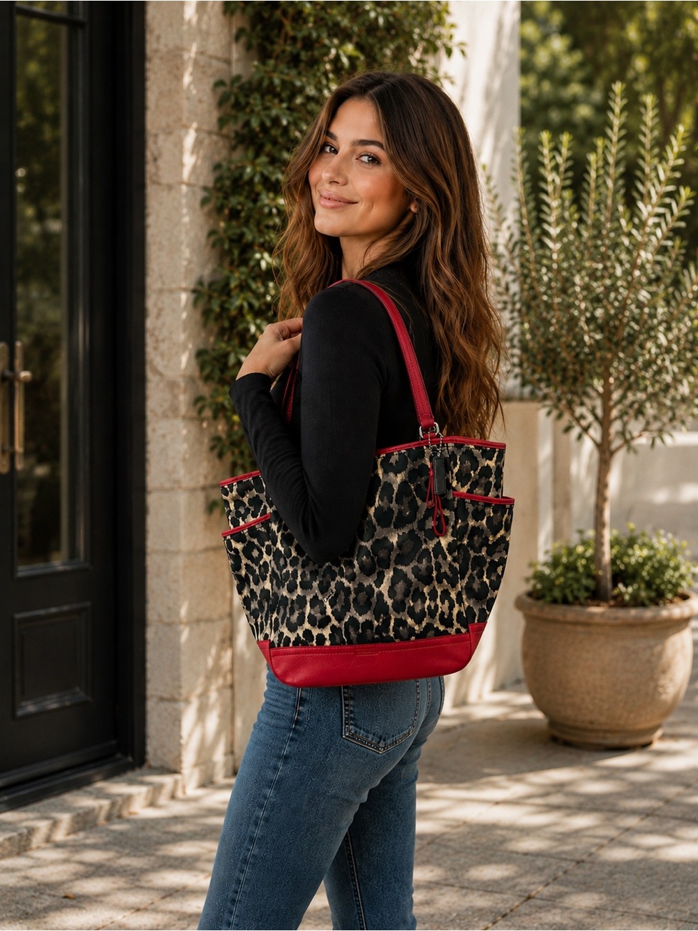 COACH Park Ocelot Leopard Print Tote with Red Trim Shoulder Bag